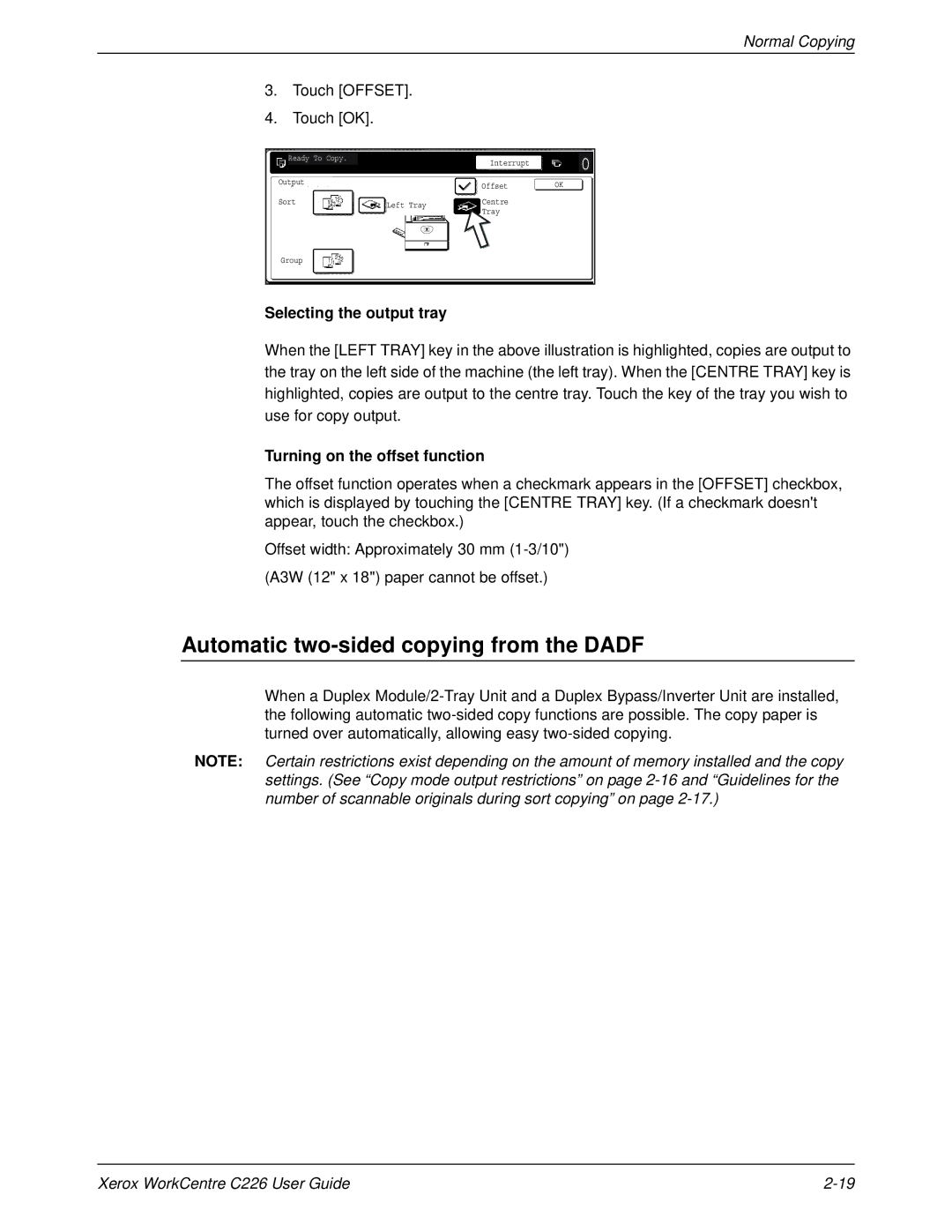 Xerox WorkCentre C226 manual Automatic two-sided copying from the Dadf, Touch Offset Touch OK, Selecting the output tray 