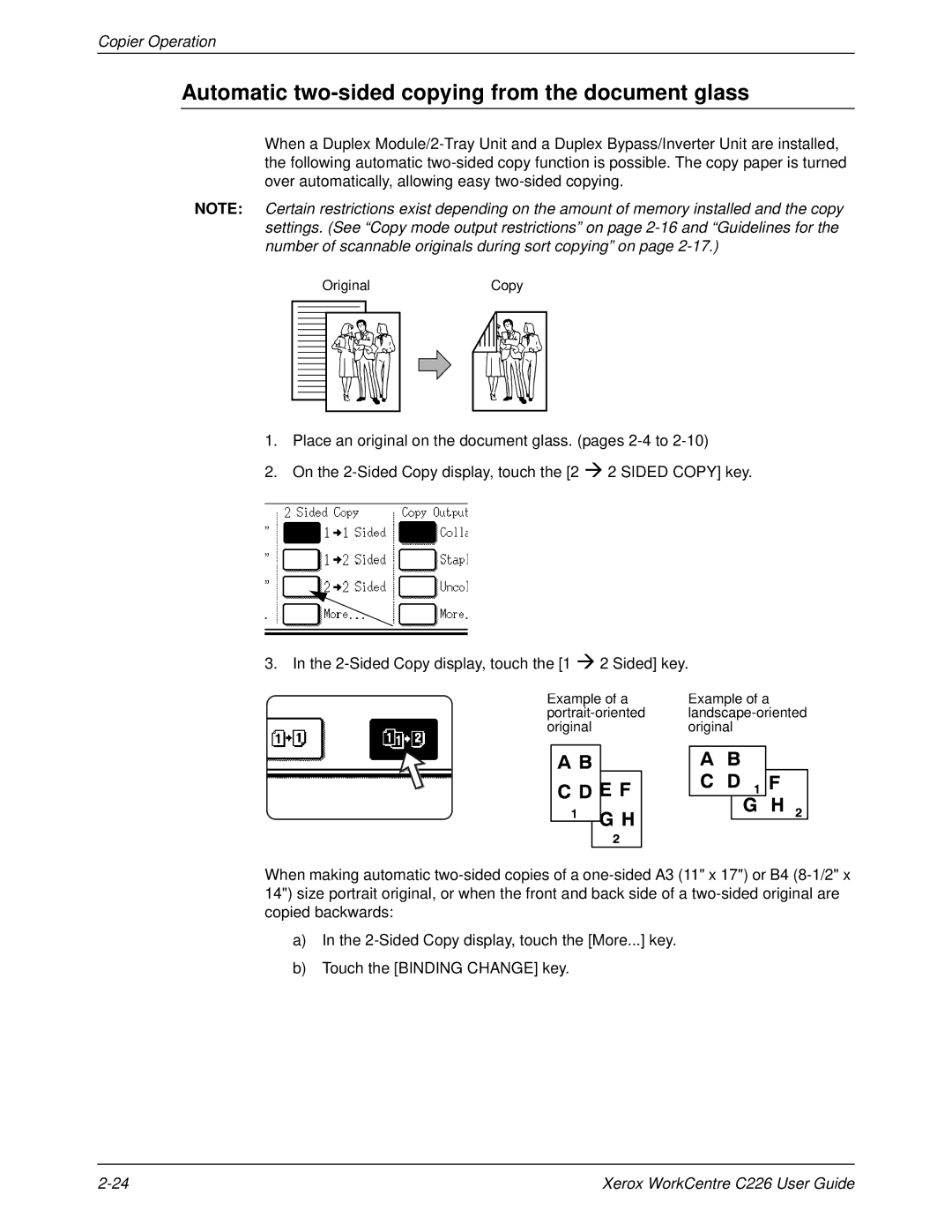 Xerox WorkCentre C226 manual Automatic two-sided copying from the document glass 