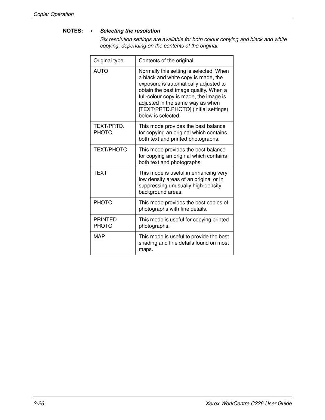 Xerox WorkCentre C226 Original type Contents of the original, Normally this setting is selected. When, Below is selected 