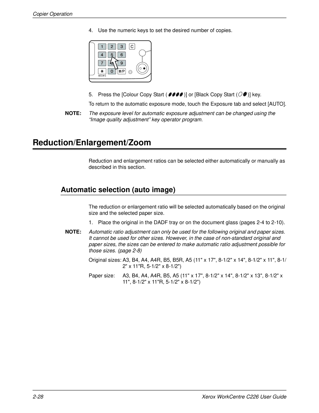 Xerox WorkCentre C226 manual Reduction/Enlargement/Zoom, Automatic selection auto image 