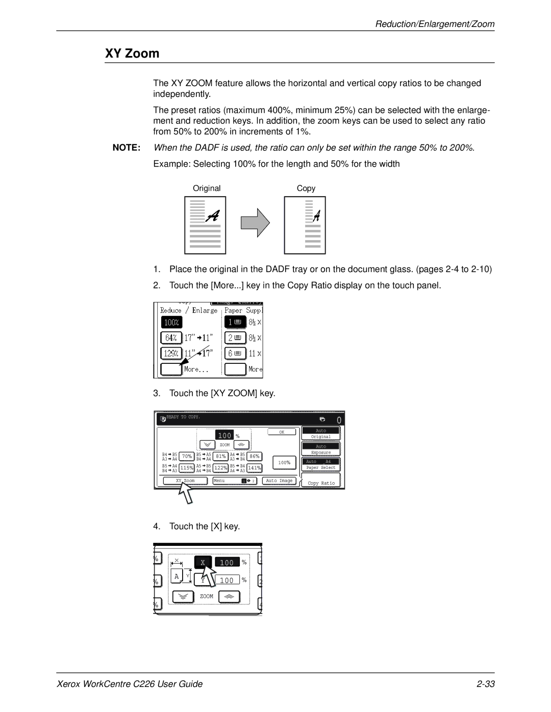 Xerox WorkCentre C226 manual XY Zoom, Touch the X key 