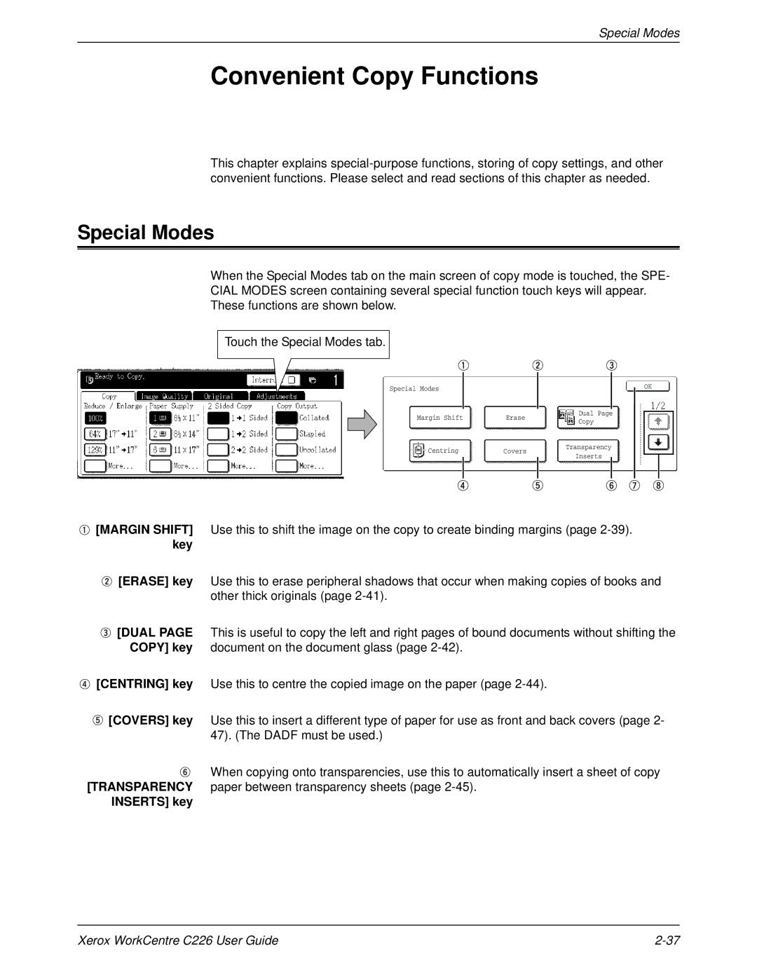 Xerox WorkCentre C226 manual Convenient Copy Functions, Special Modes, Inserts key 