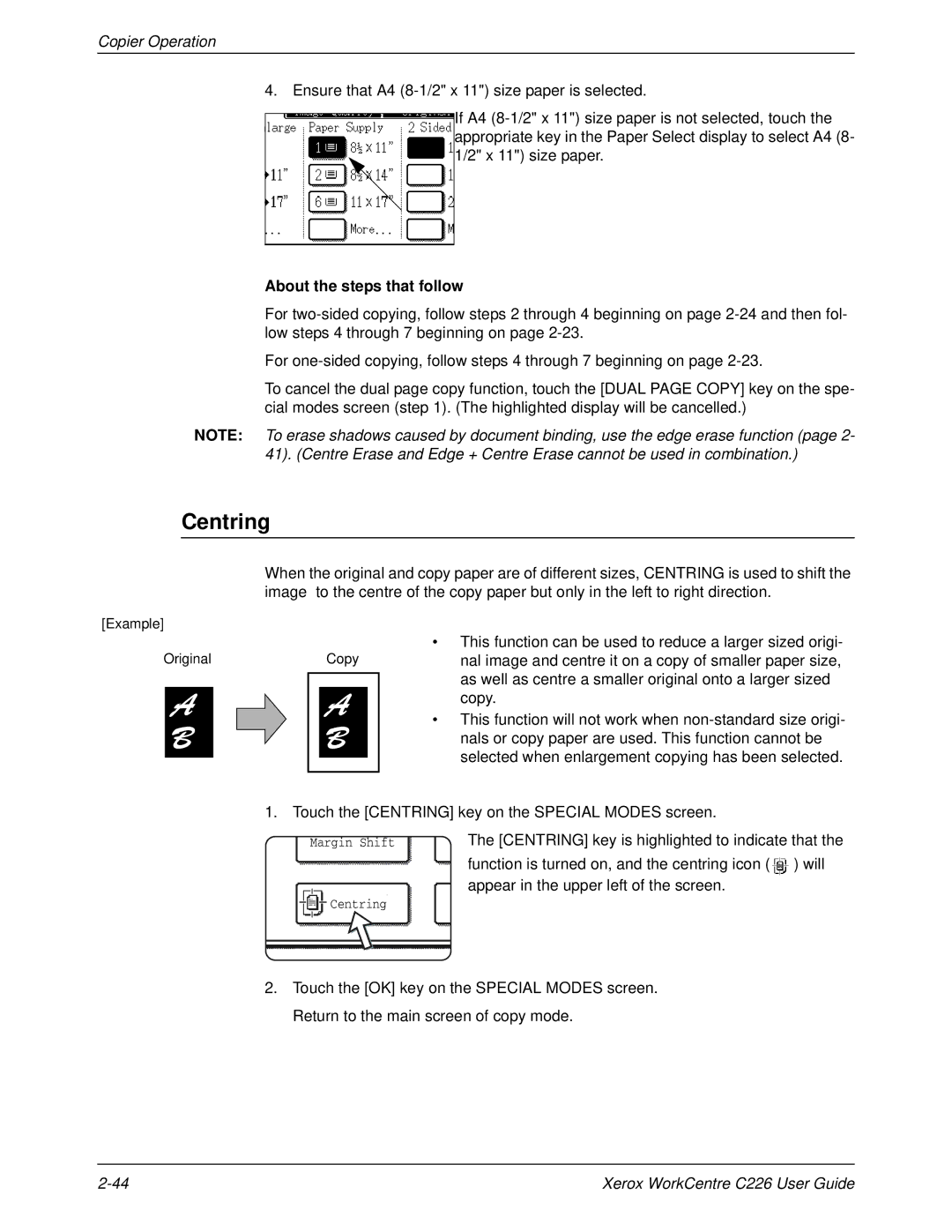 Xerox WorkCentre C226 manual Centring, This function can be used to reduce a larger sized origi, Copy 