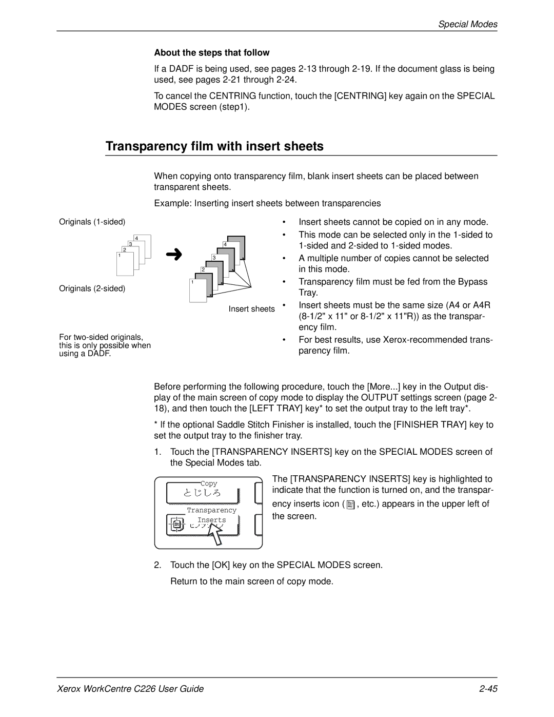 Xerox WorkCentre C226 manual Transparency film with insert sheets, Insert sheets must be the same size A4 or A4R, Ency film 