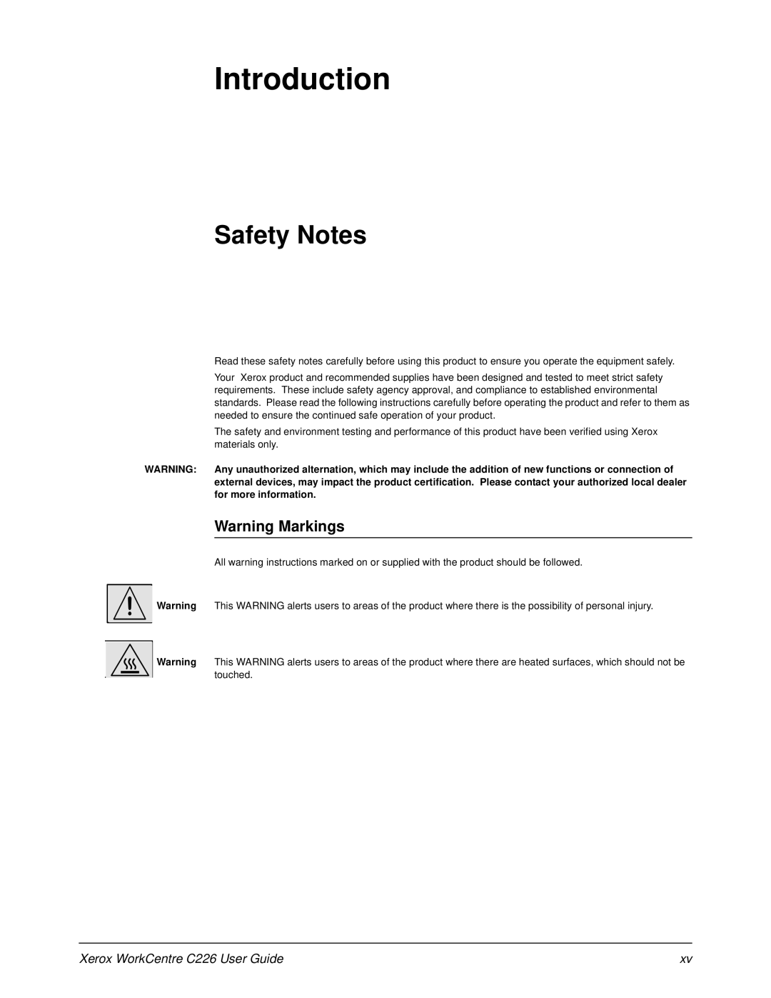 Xerox WorkCentre C226 manual Safety Notes 