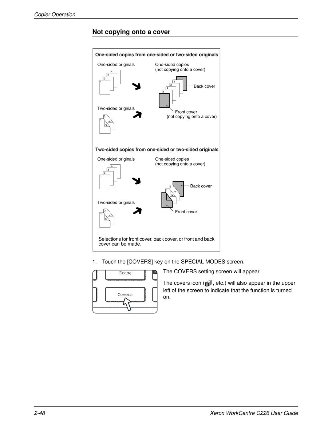 Xerox WorkCentre C226 manual Not copying onto a cover, Touch the Covers key on the Special Modes screen 