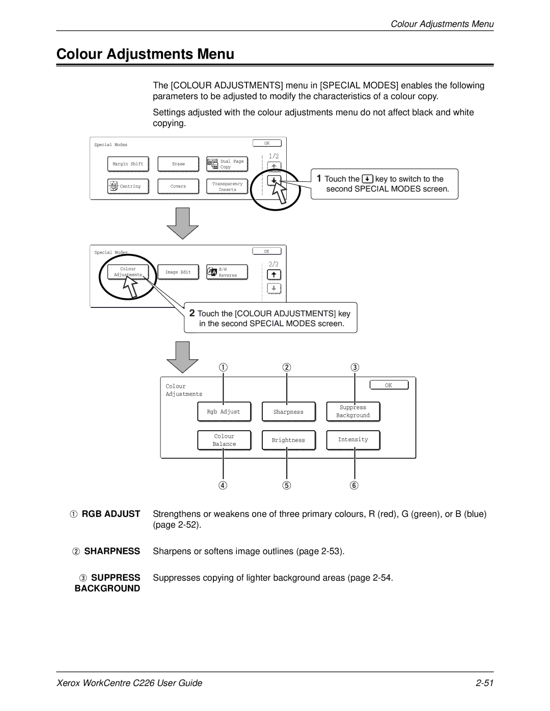 Xerox WorkCentre C226 manual Colour Adjustments Menu 