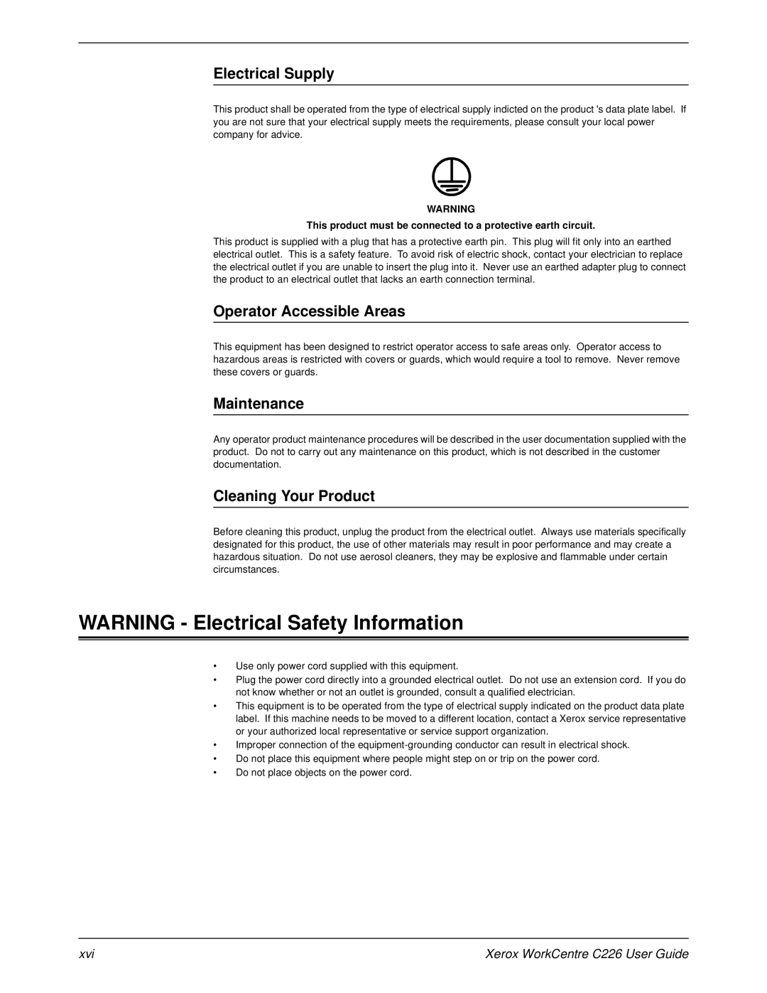 Xerox WorkCentre C226 manual Electrical Supply, Operator Accessible Areas, Maintenance, Cleaning Your Product 