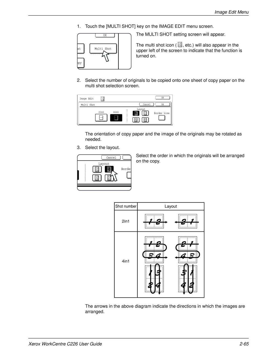 Xerox WorkCentre C226 manual Touch the Multi Shot key on the Image Edit menu screen, On the copy 