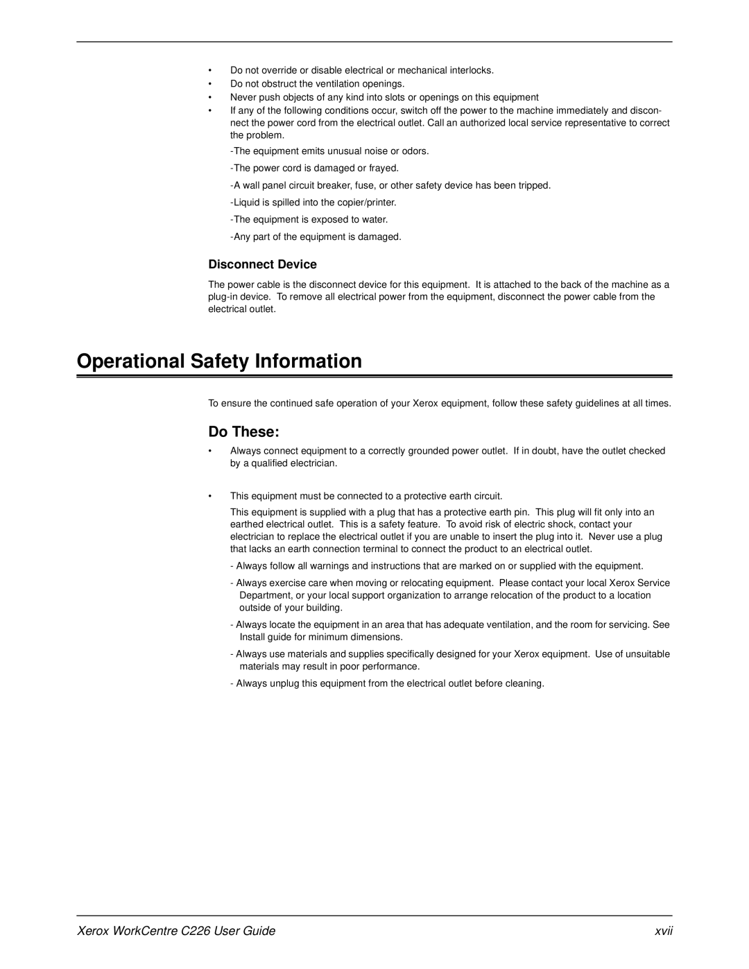 Xerox manual Operational Safety Information, Do These, Disconnect Device, Xerox WorkCentre C226 User Guide Xvii 