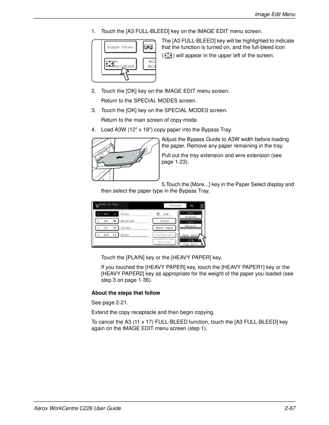 Xerox WorkCentre C226 manual Touch the A3 FULL-BLEED key on the Image Edit menu screen 