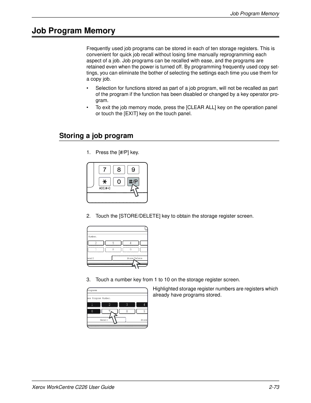 Xerox WorkCentre C226 manual Job Program Memory, Storing a job program 