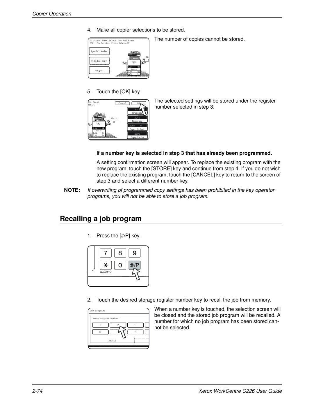 Xerox WorkCentre C226 Recalling a job program, Make all copier selections to be stored, Number of copies cannot be stored 