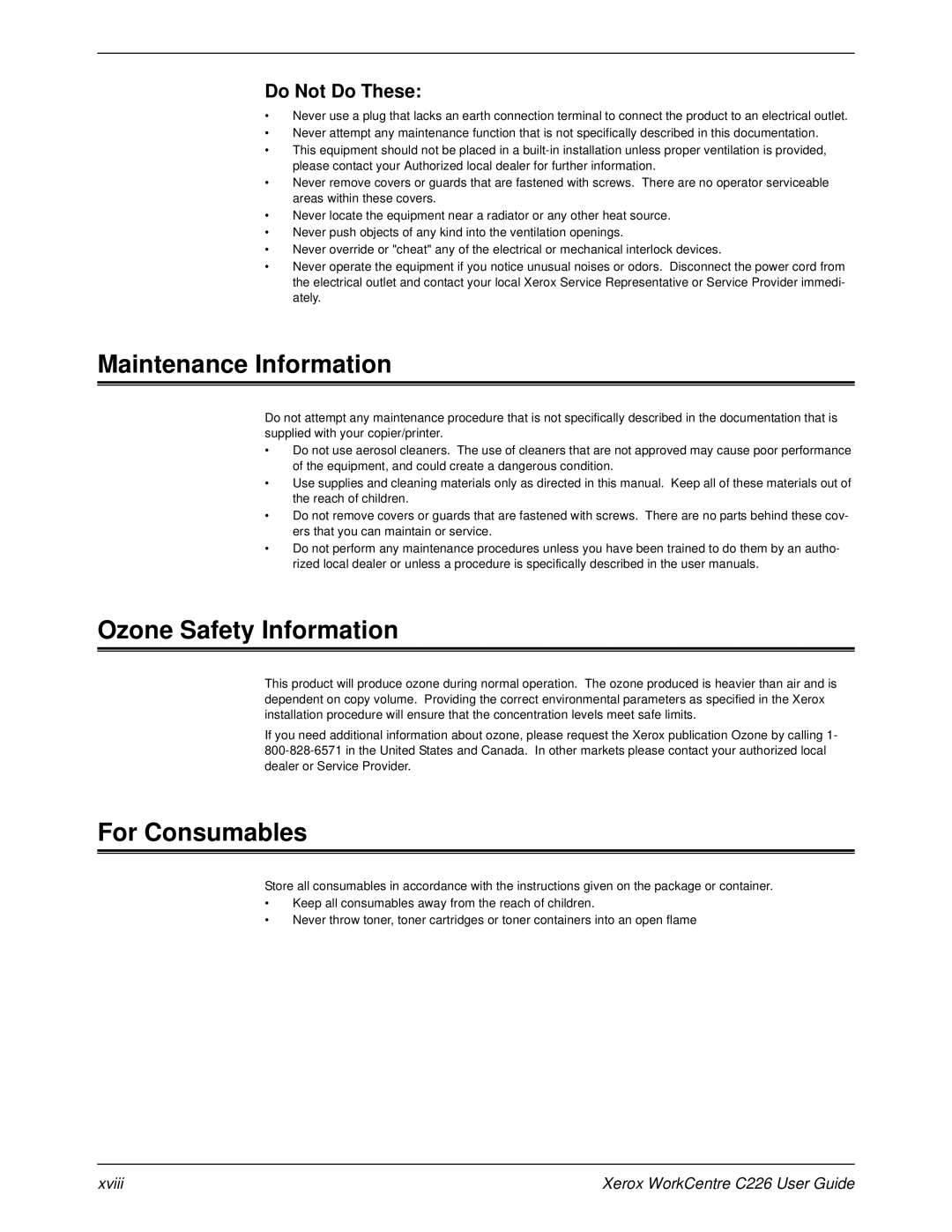 Xerox WorkCentre C226 manual Maintenance Information, Ozone Safety Information, For Consumables, Do Not Do These 