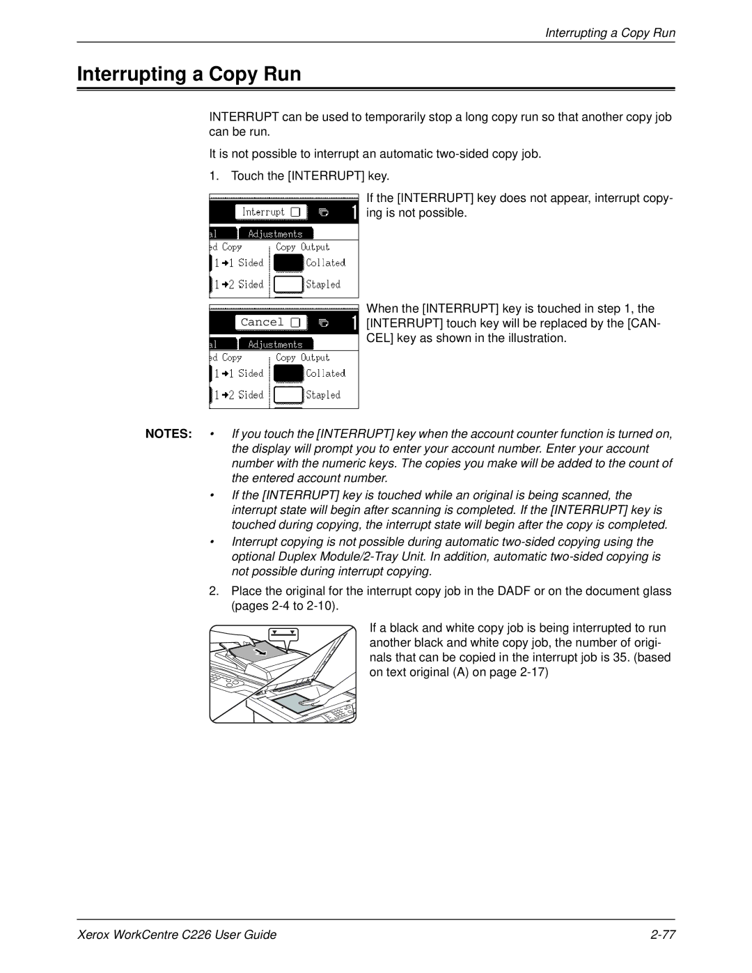 Xerox WorkCentre C226 manual Interrupting a Copy Run 