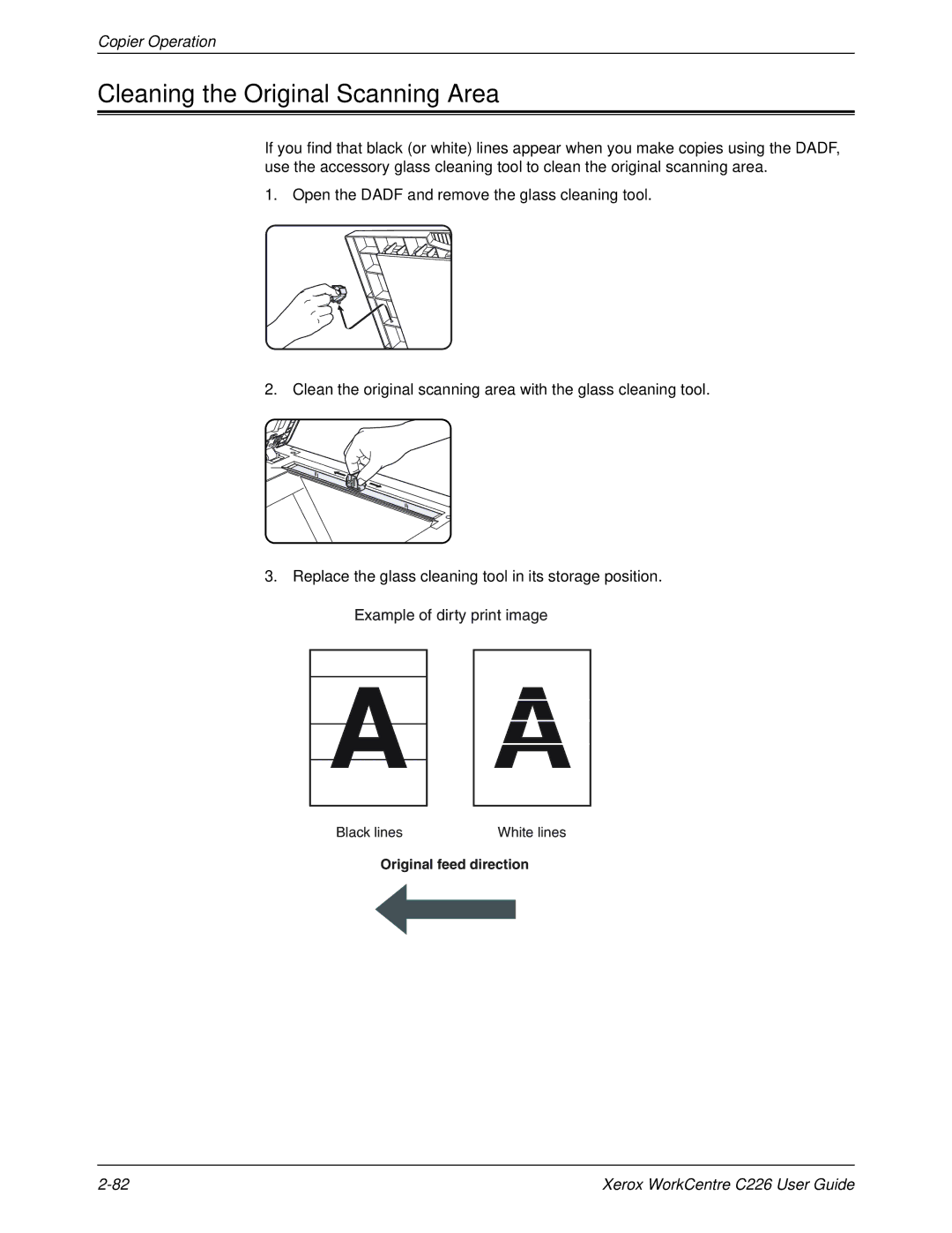 Xerox WorkCentre C226 manual Cleaning the Original Scanning Area 