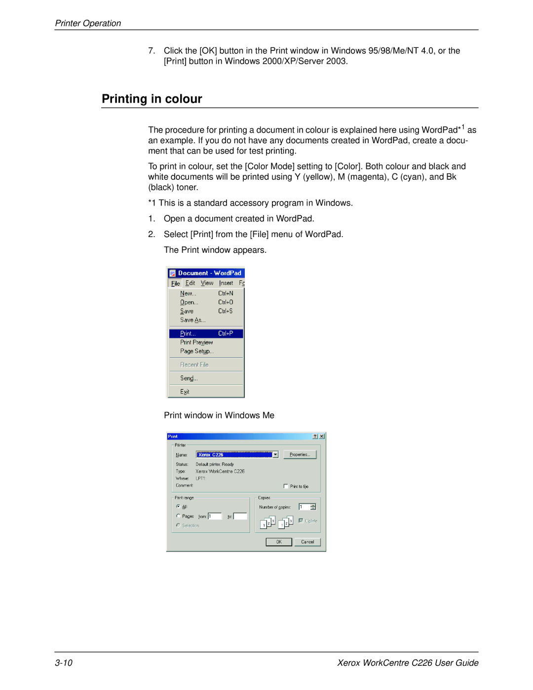 Xerox WorkCentre C226 manual Printing in colour 