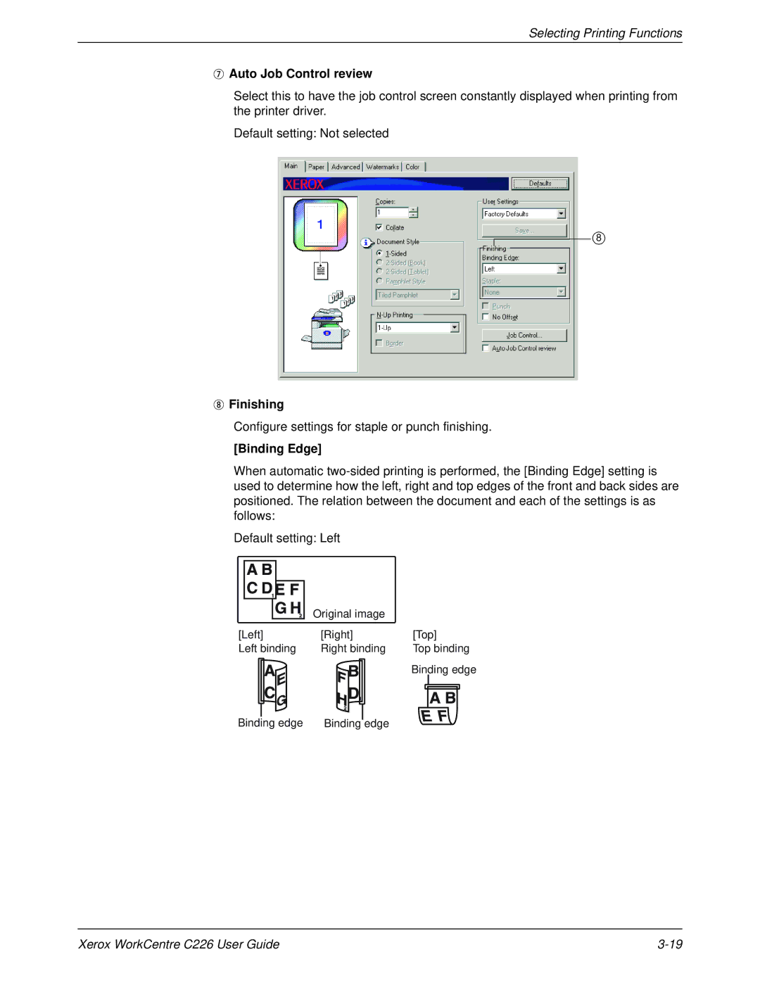 Xerox WorkCentre C226 Auto Job Control review, Finishing, Configure settings for staple or punch finishing, Binding Edge 