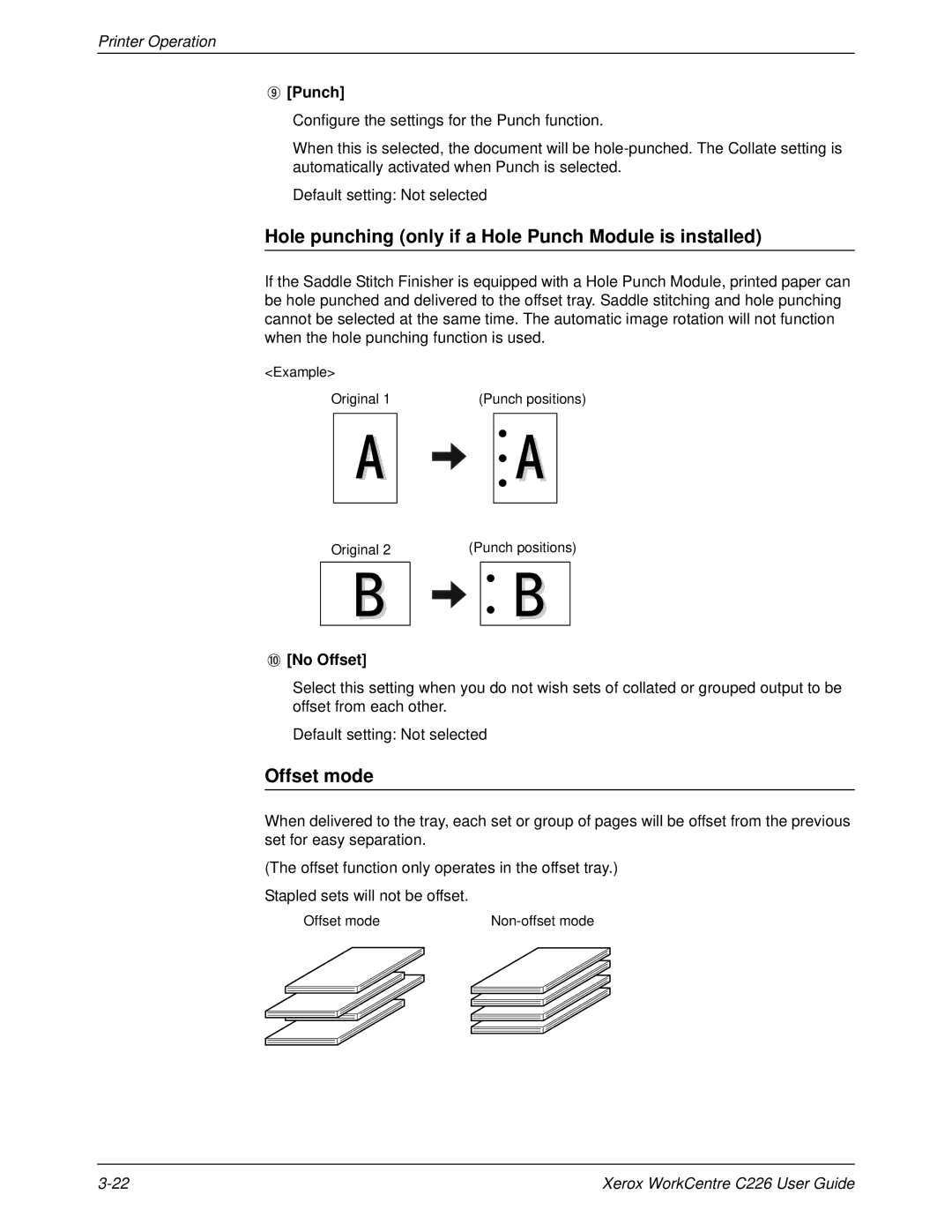 Xerox WorkCentre C226 manual Hole punching only if a Hole Punch Module is installed, Offset mode, No Offset 