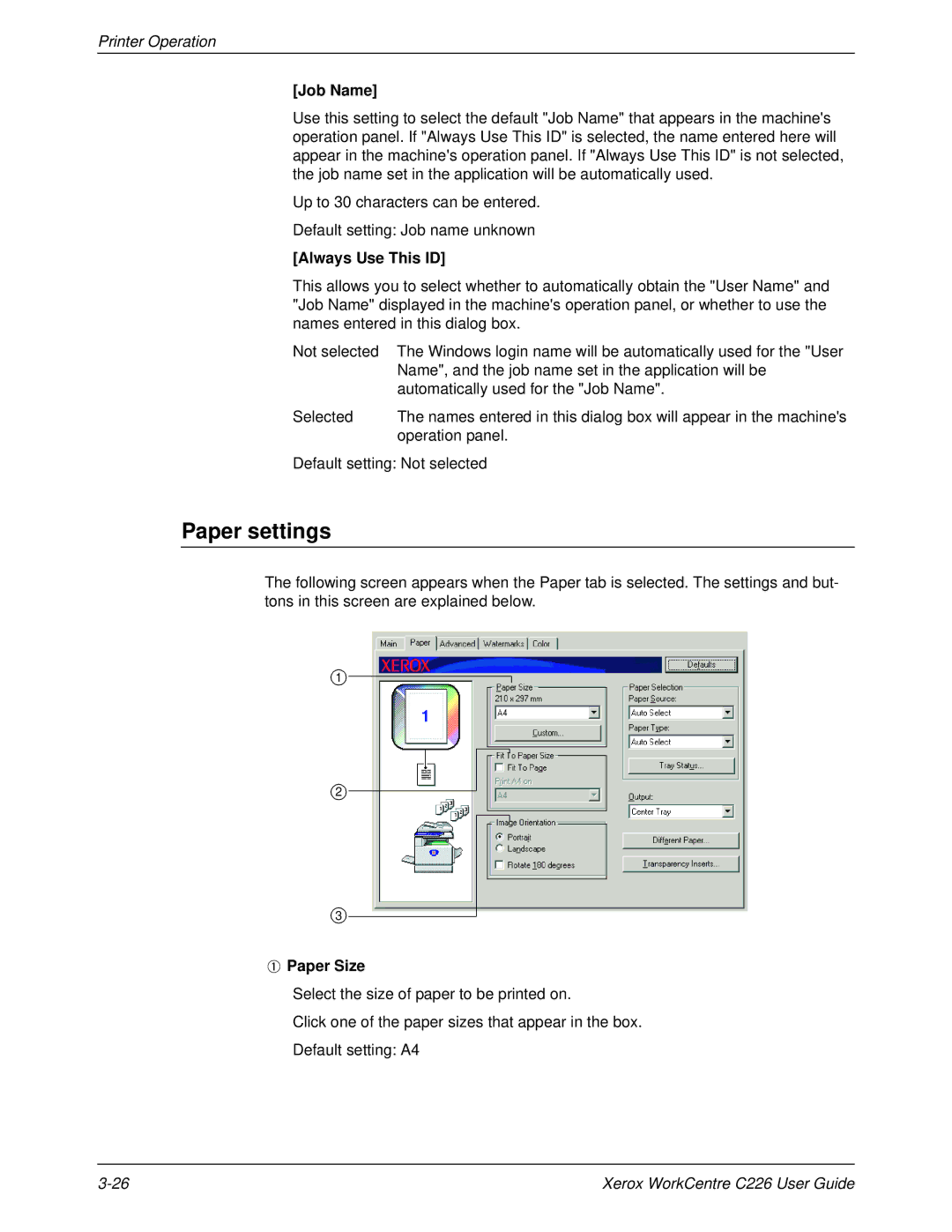 Xerox WorkCentre C226 manual Paper settings, Job Name, Always Use This ID, Paper Size 