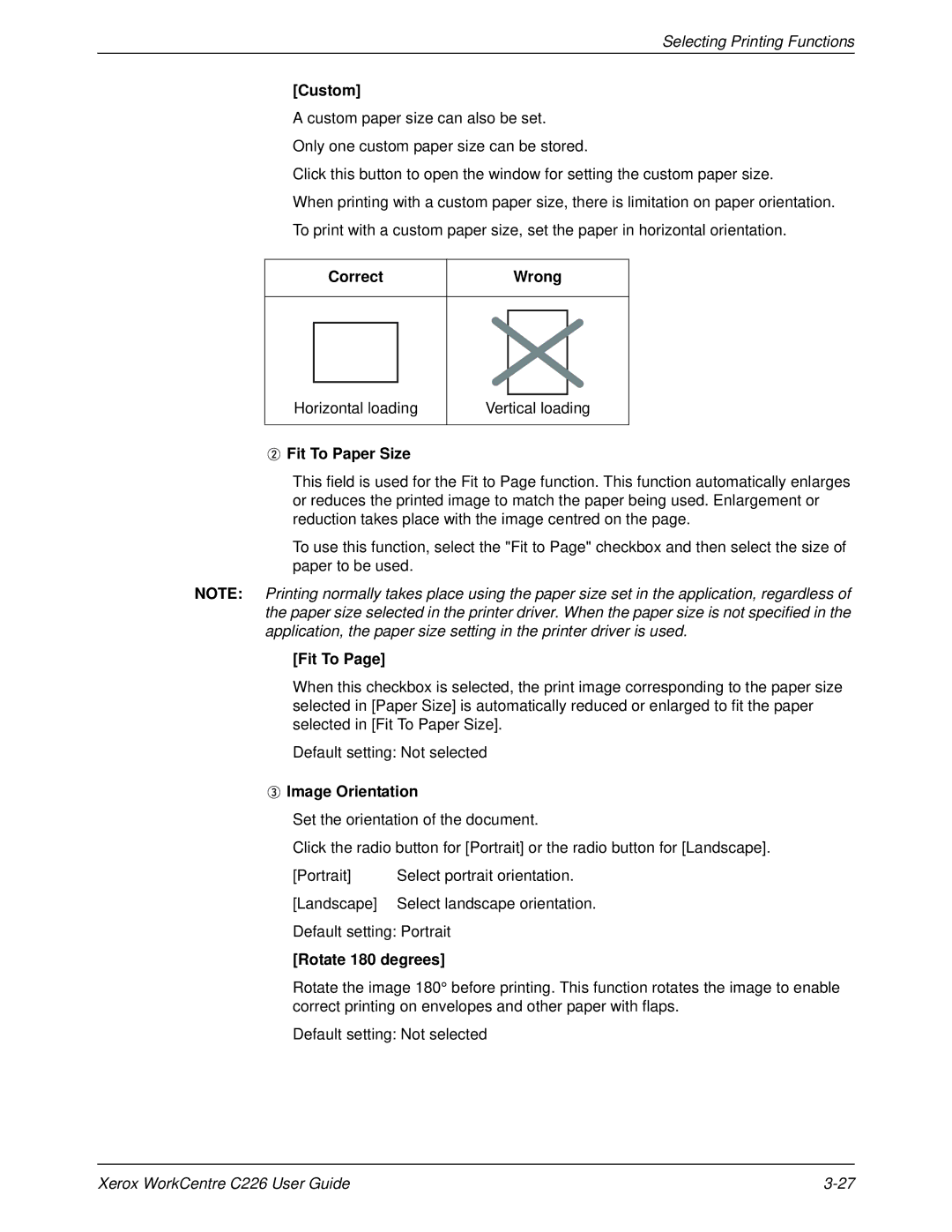 Xerox WorkCentre C226 manual Custom, Correct Wrong, Fit To Paper Size, Image Orientation, Rotate 180 degrees 