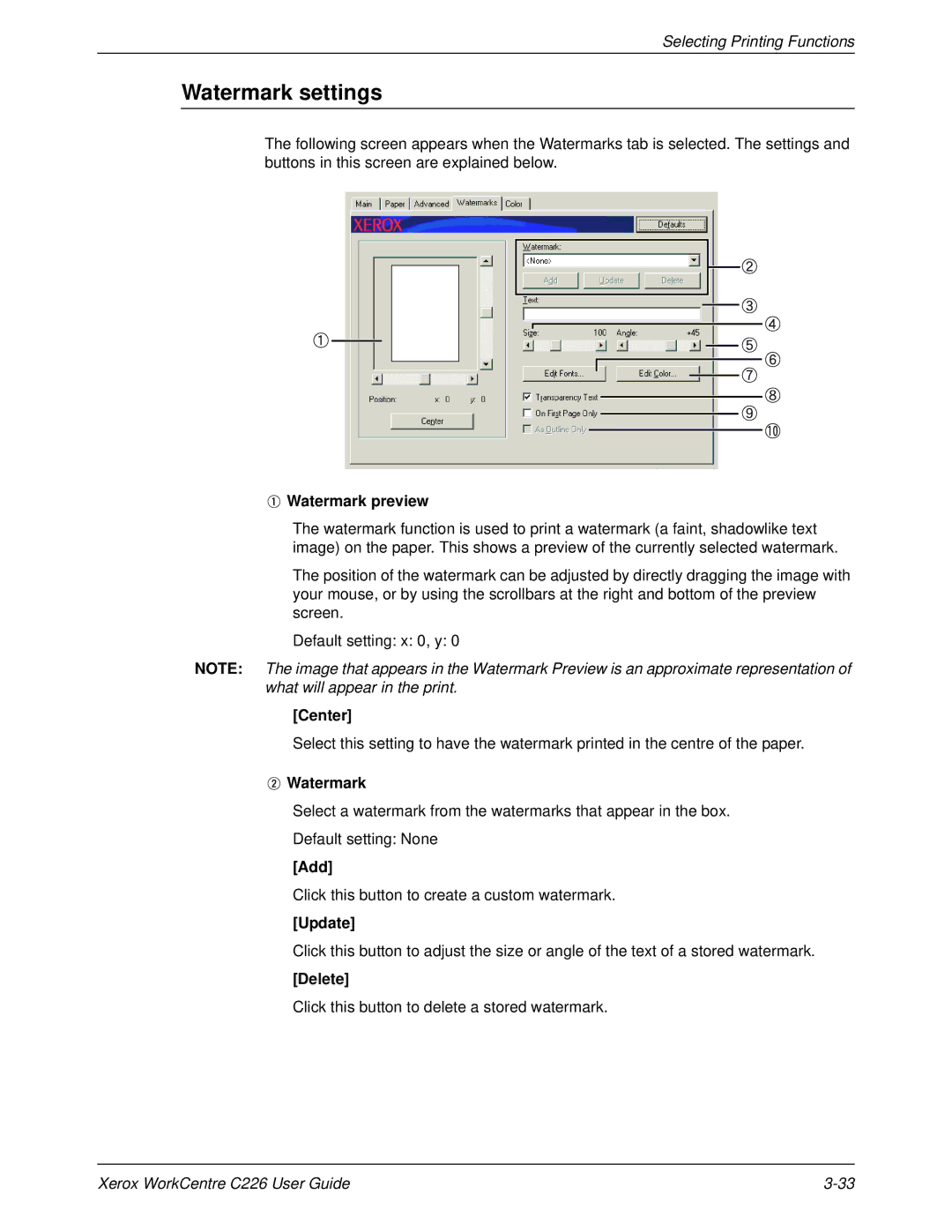 Xerox WorkCentre C226 manual Watermark settings 