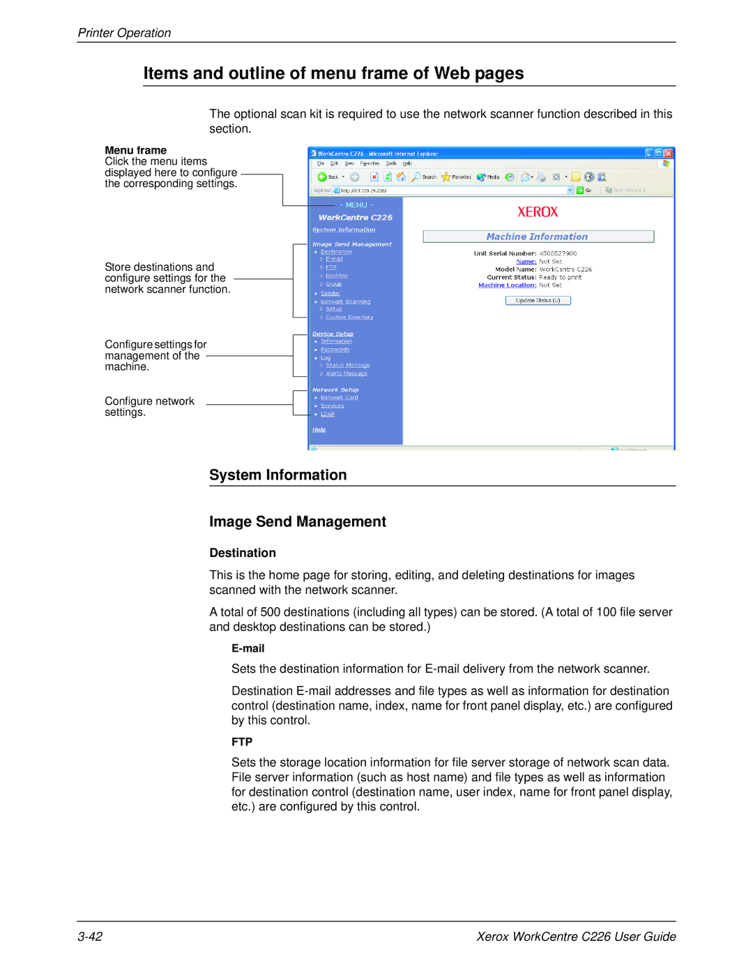 Xerox WorkCentre C226 Items and outline of menu frame of Web pages, System Information Image Send Management, Destination 