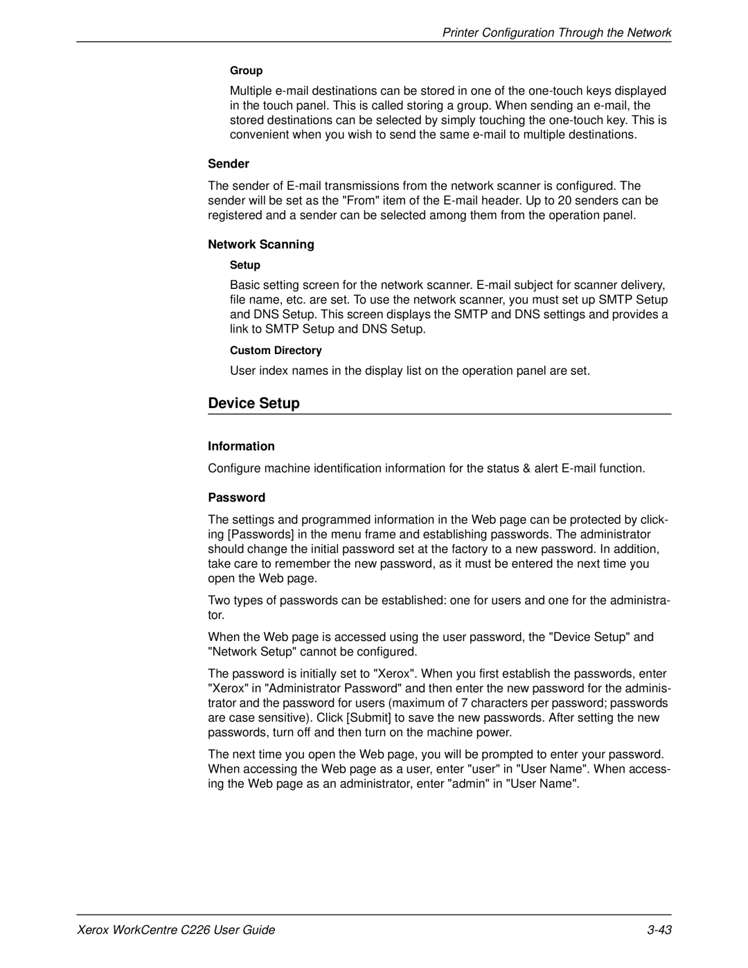 Xerox WorkCentre C226 manual Device Setup, Sender, Network Scanning, Information, Password 