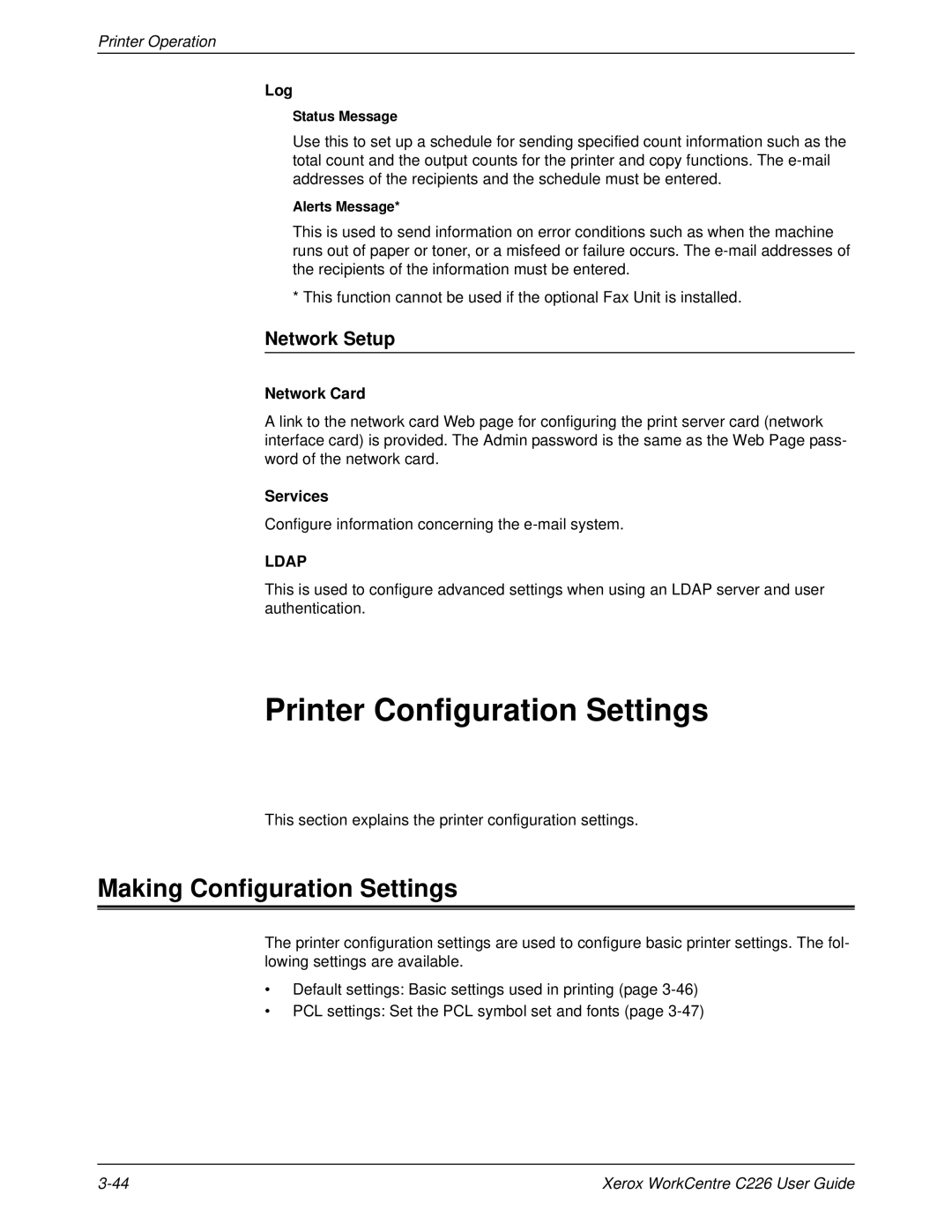 Xerox WorkCentre C226 manual Printer Configuration Settings, Making Configuration Settings, Network Setup 