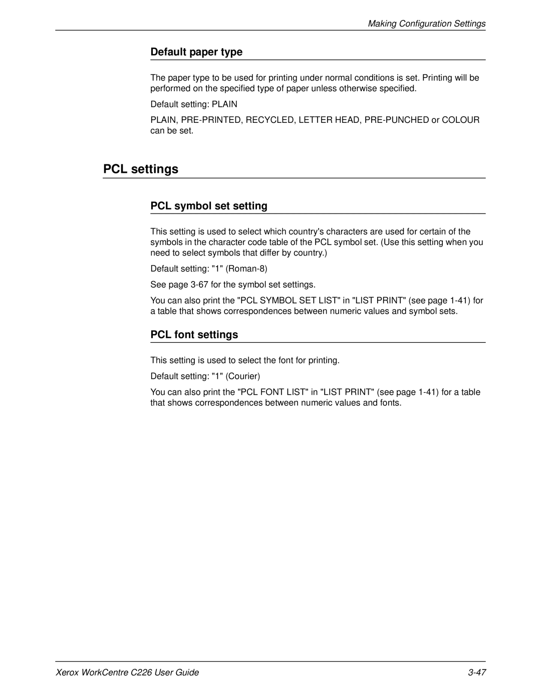 Xerox WorkCentre C226 manual PCL settings, Default paper type, PCL symbol set setting, PCL font settings 