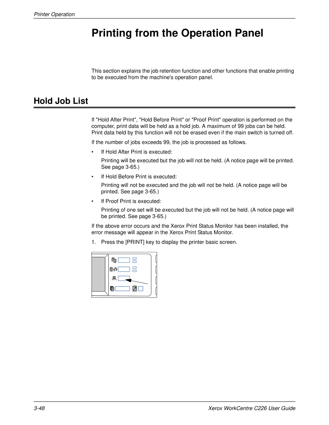 Xerox WorkCentre C226 manual Printing from the Operation Panel, Hold Job List 