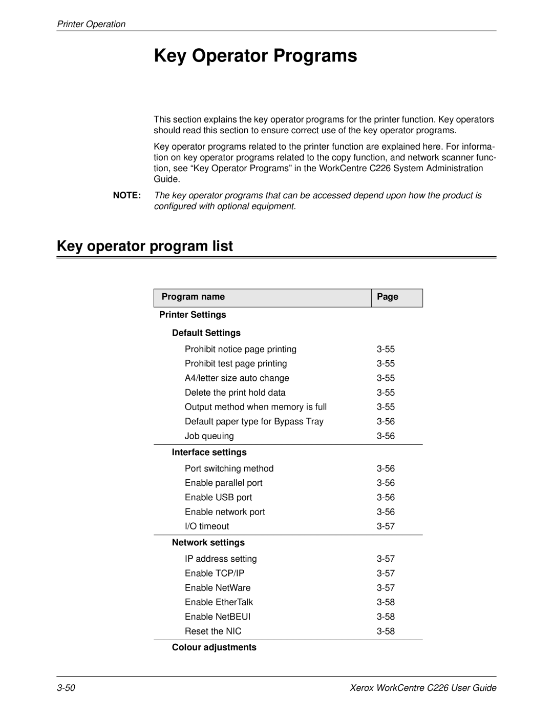 Xerox WorkCentre C226 manual Key Operator Programs, Key operator program list 