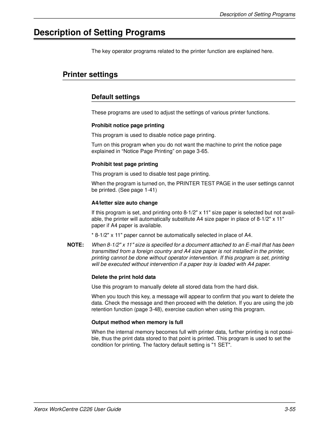 Xerox WorkCentre C226 manual Description of Setting Programs, Printer settings, Default settings 