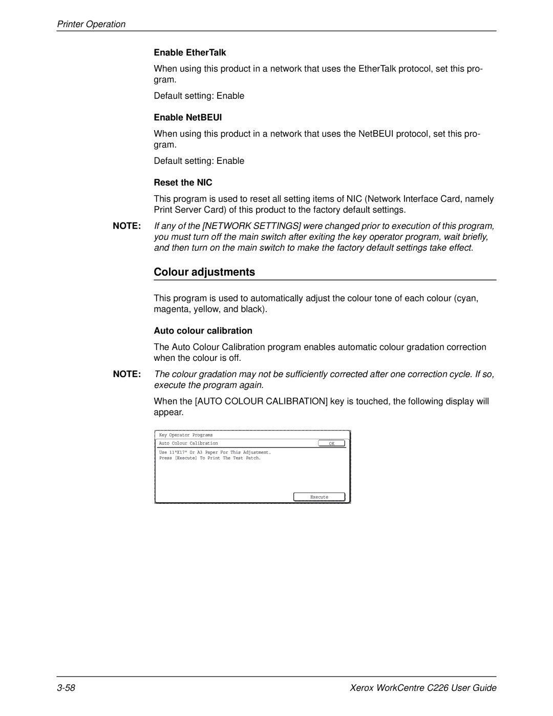 Xerox WorkCentre C226 manual Colour adjustments, Enable EtherTalk, Enable NetBEUI, Reset the NIC, Auto colour calibration 