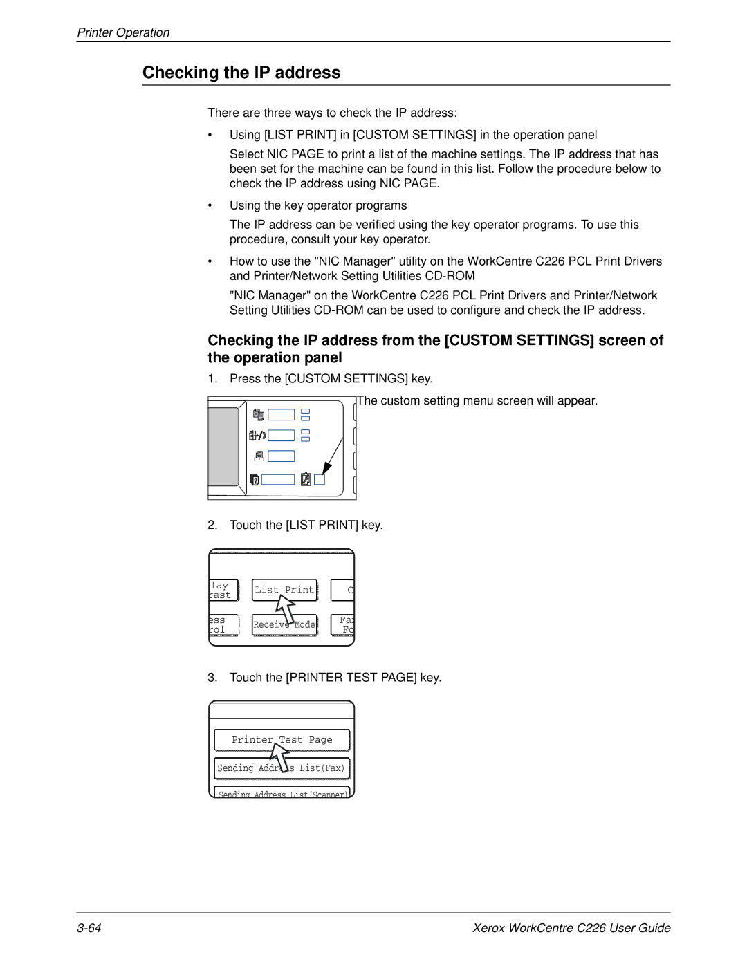 Xerox WorkCentre C226 manual Checking the IP address, Touch the Printer Test page key 