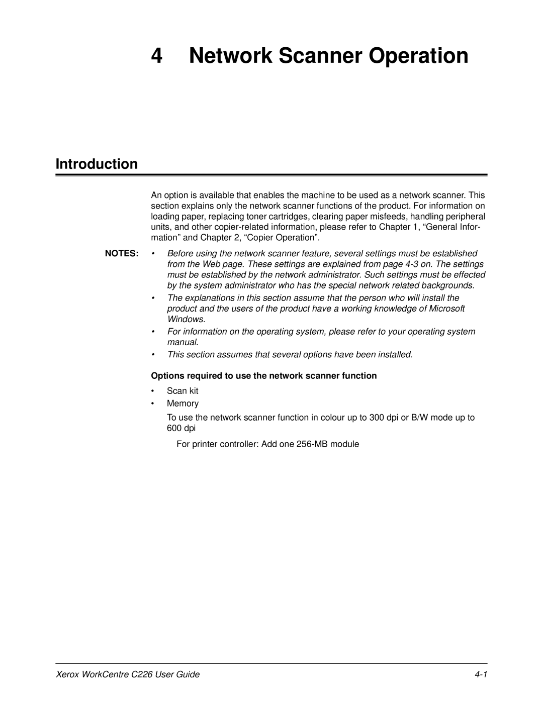 Xerox WorkCentre C226 manual Introduction, Options required to use the network scanner function 