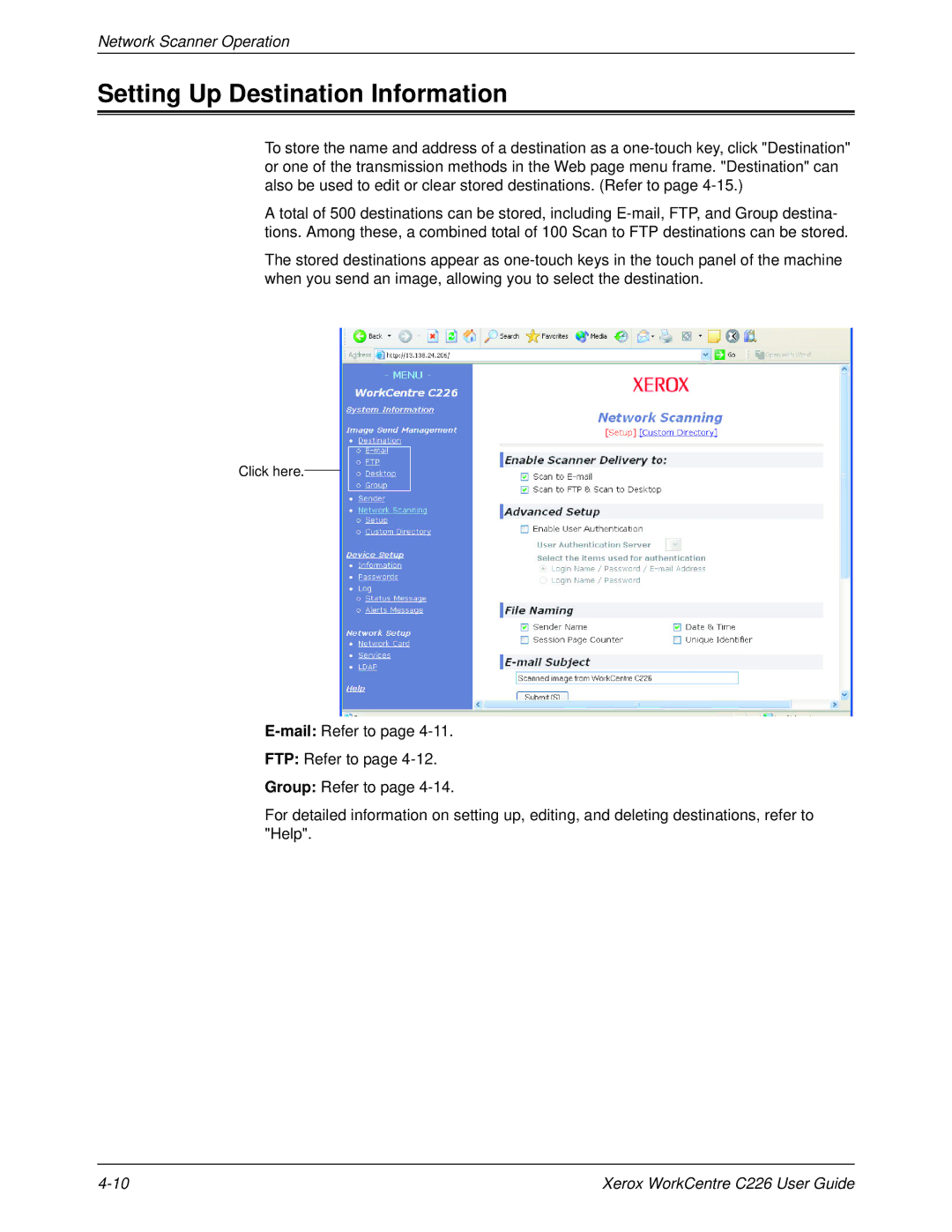 Xerox WorkCentre C226 manual Setting Up Destination Information 