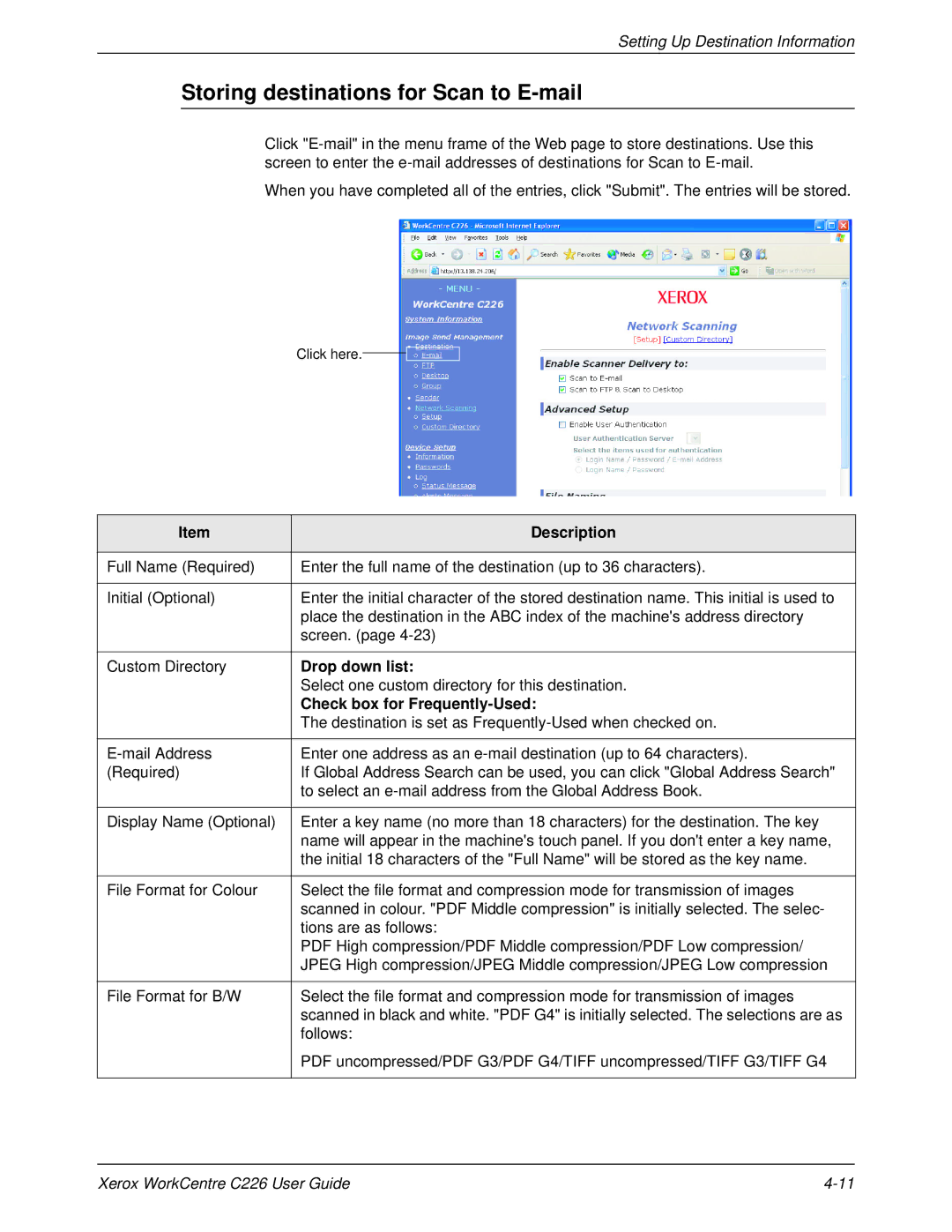 Xerox WorkCentre C226 manual Storing destinations for Scan to E-mail, Setting Up Destination Information, Drop down list 