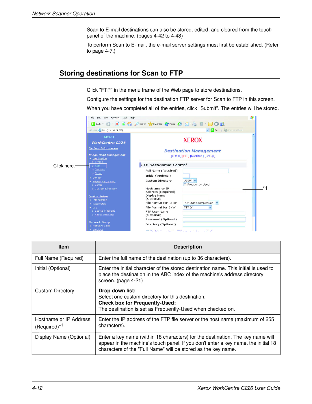 Xerox WorkCentre C226 manual Storing destinations for Scan to FTP 