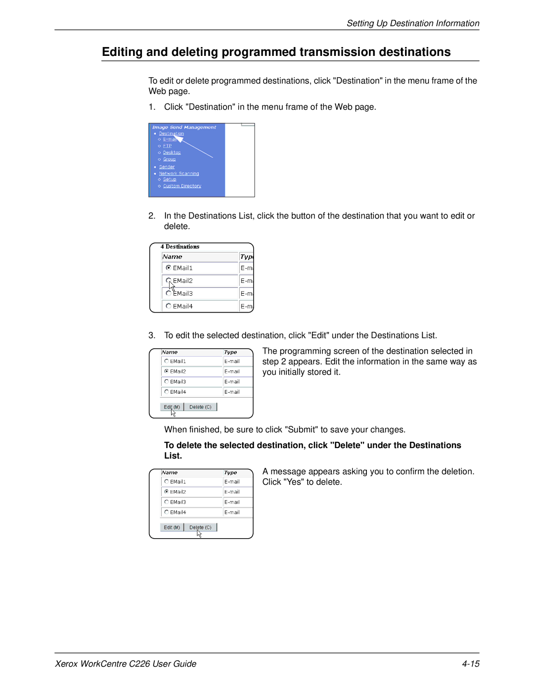 Xerox WorkCentre C226 manual Editing and deleting programmed transmission destinations 