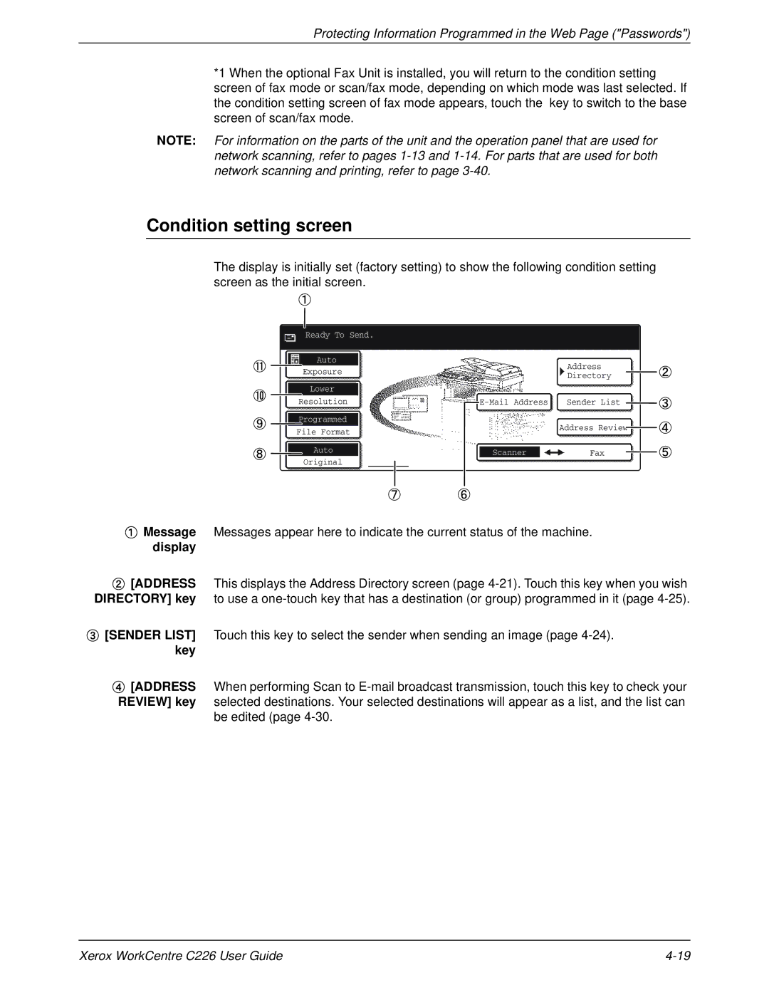 Xerox WorkCentre C226 manual Condition setting screen, Protecting Information Programmed in the Web Page Passwords 