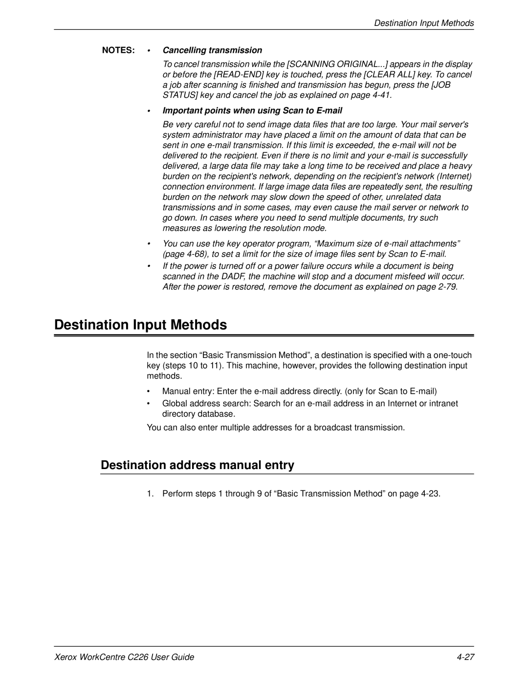 Xerox WorkCentre C226 Destination Input Methods, Destination address manual entry 