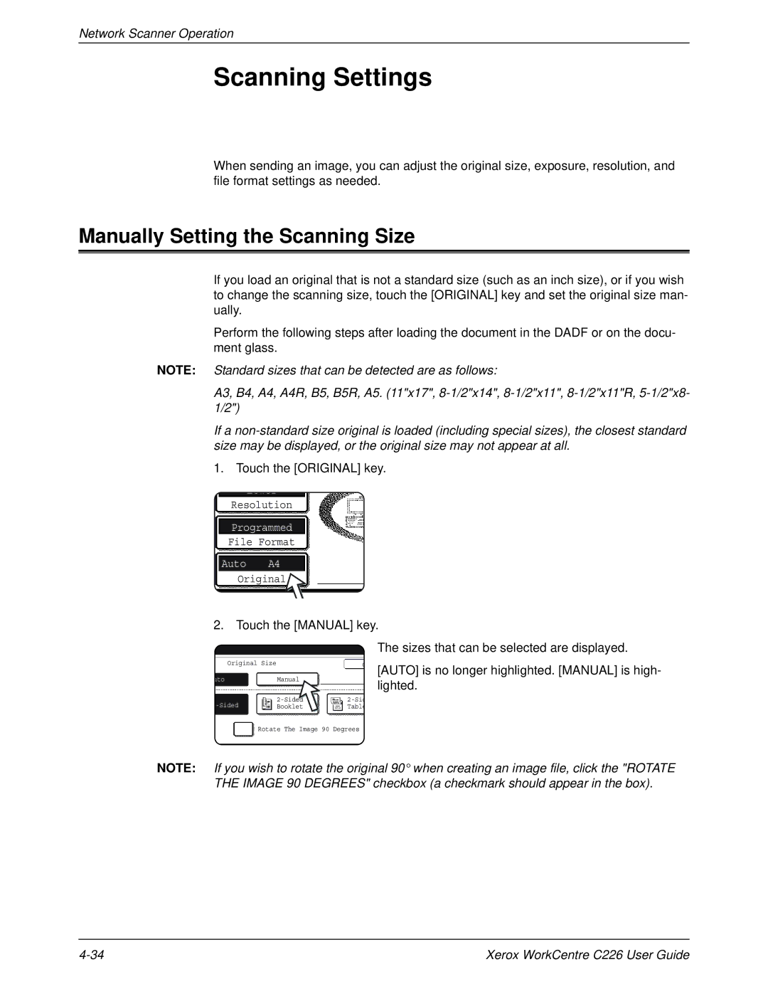 Xerox WorkCentre C226 manual Scanning Settings, Manually Setting the Scanning Size, Touch the Manual key 