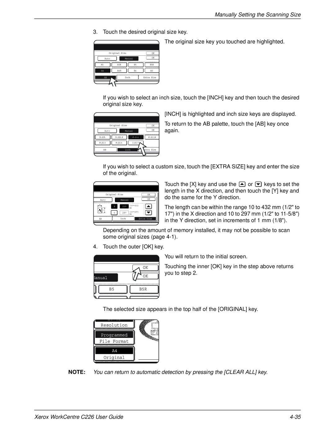 Xerox WorkCentre C226 Manually Setting the Scanning Size, Touching the inner OK key in the step above returns, You to step 