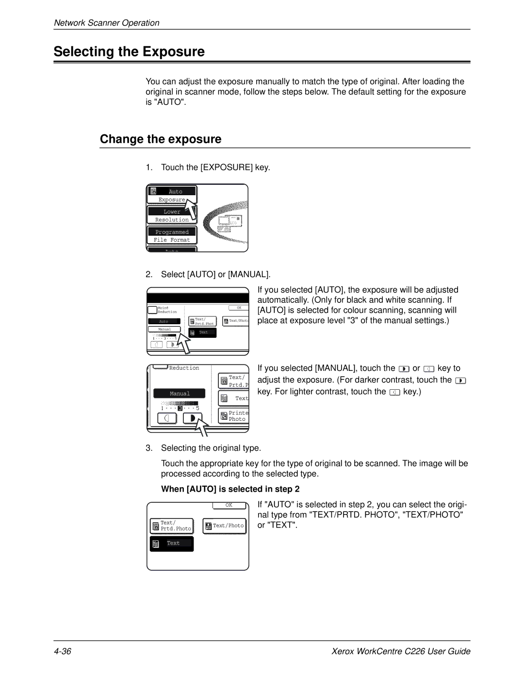 Xerox WorkCentre C226 manual Selecting the Exposure, Change the exposure, When Auto is selected in step 