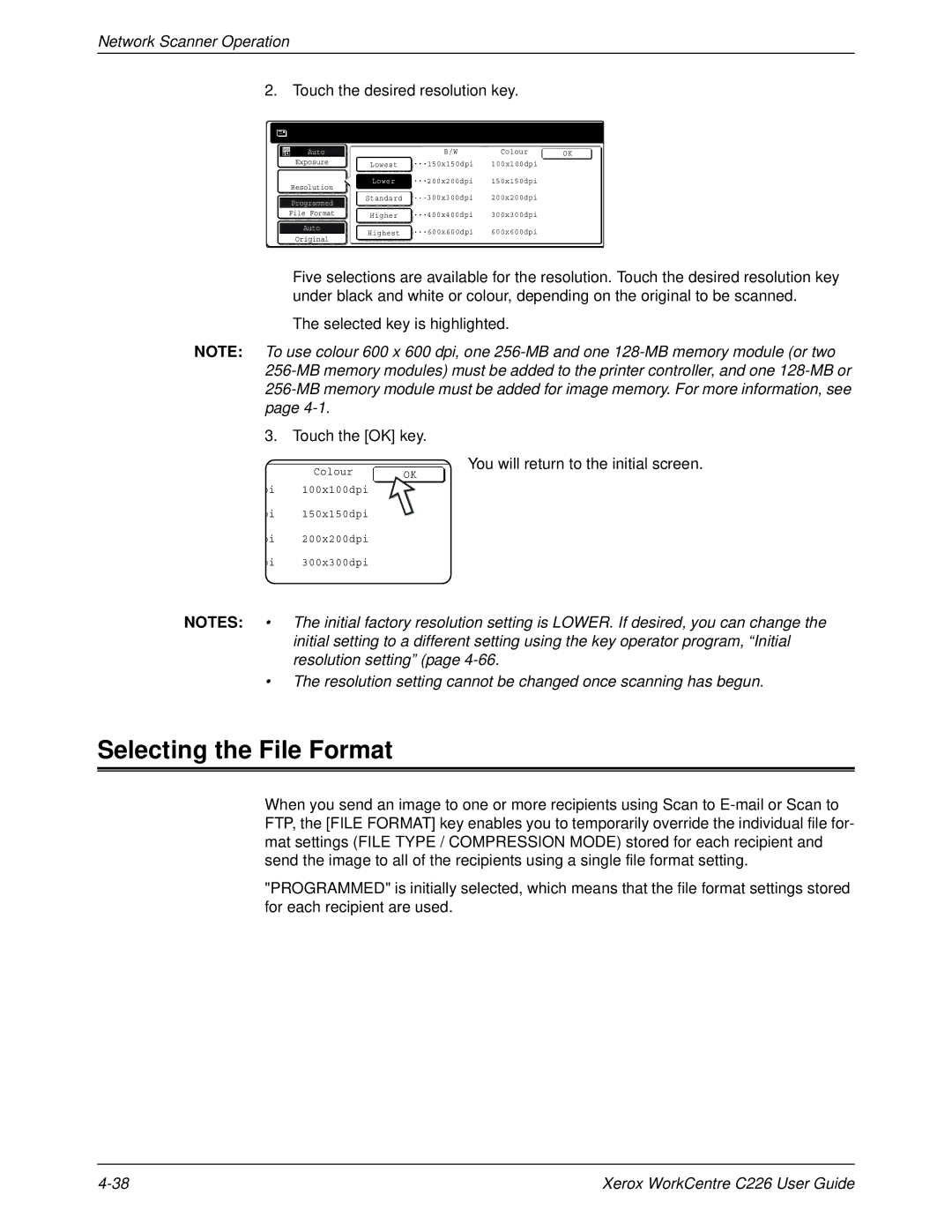 Xerox WorkCentre C226 manual Selecting the File Format, Touch the desired resolution key 