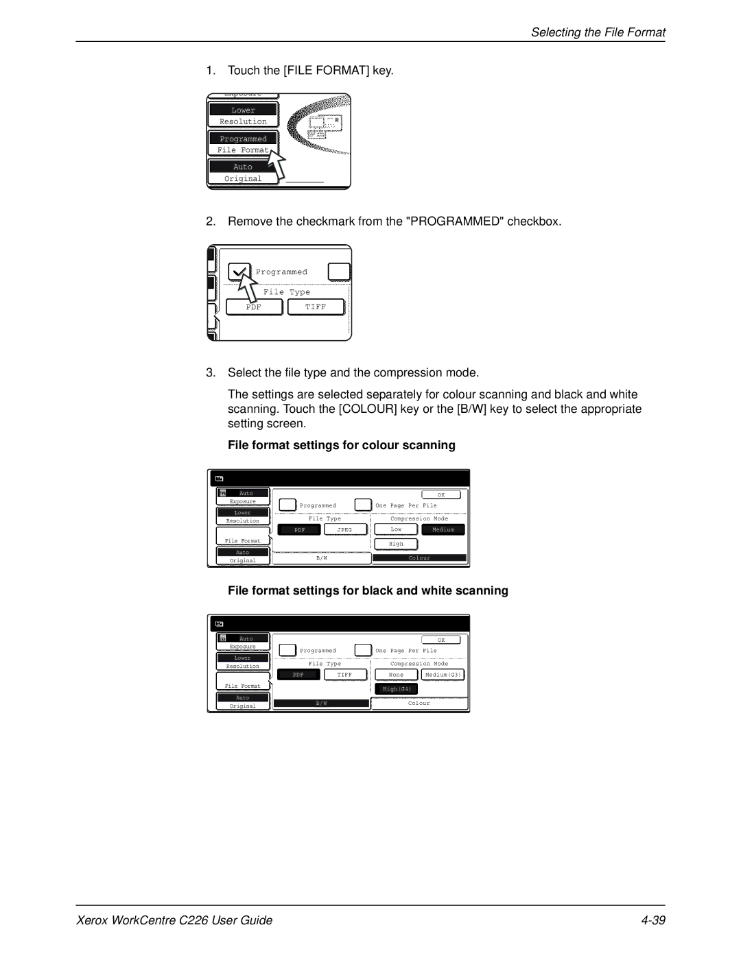 Xerox WorkCentre C226 manual Selecting the File Format, Remove the checkmark from the Programmed checkbox 