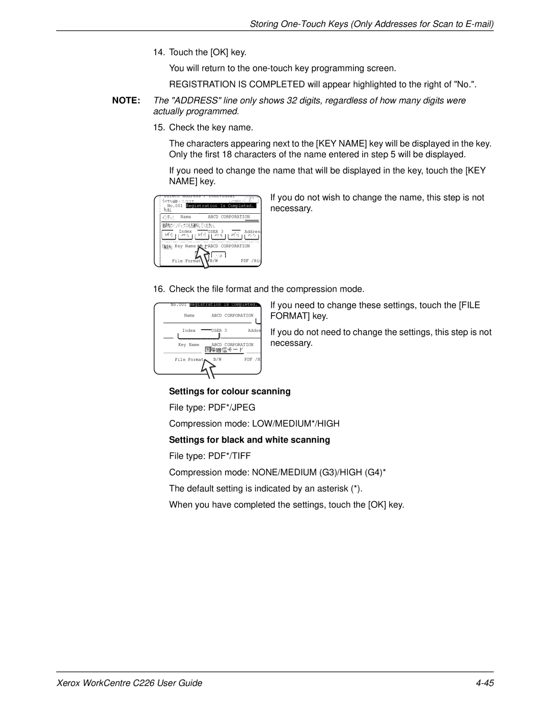 Xerox WorkCentre C226 manual Check the file format and the compression mode, Settings for colour scanning 