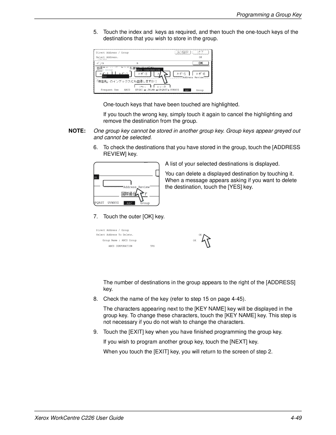 Xerox WorkCentre C226 manual Programming a Group Key, Touch the outer OK key 