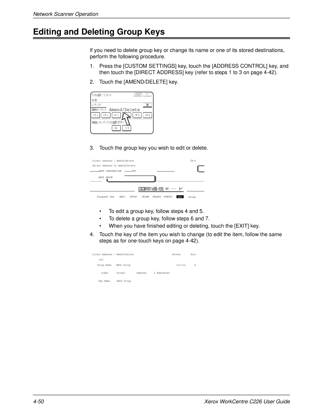 Xerox WorkCentre C226 manual Editing and Deleting Group Keys, Touch the group key you wish to edit or delete 